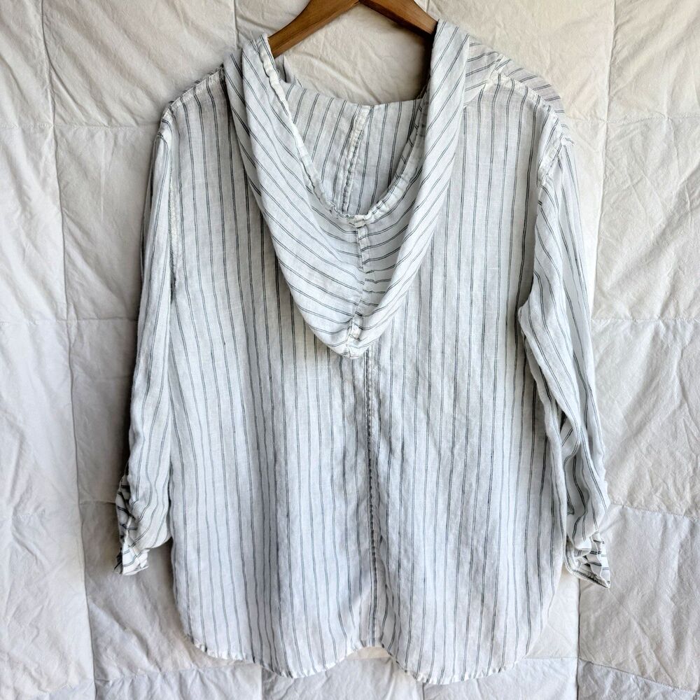 C&C California Womens Medium 100% Linen Striped Hoodie Pullover Shirt White Blue - Picture 9 of 15